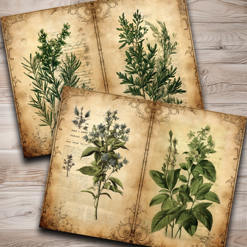 May include: Vintage botanical illustrations of various herbs and plants on aged paper with text. The illustrations are in shades of green, brown, and white.