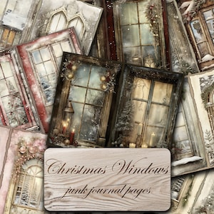 Páginas del diario basura de Windows de Navidad, páginas de ventanas nevadas, papel imprimible de diario basura vintage, hoja de collage digital
