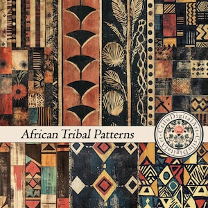 May include: A collage of African tribal patterns in various designs and colors. The patterns include geometric shapes, floral motifs, and vertical stripes in shades of brown, black, orange, and blue. The text "African Tribal Patterns" is displayed.