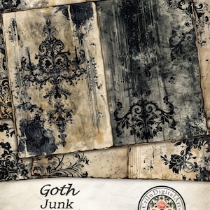 May include: A collection of digital junk journal pages featuring black ornate damask and chandelier patterns on distressed, aged beige paper backgrounds. The text reads Goth Junk Journal Pages, Digital Download, and includes a circular logo.