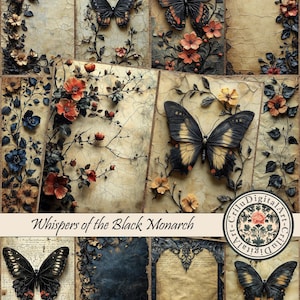 May include: A collage of digital art featuring butterflies and floral elements. The butterflies have black and orange wings, and the flowers are in shades of orange, yellow, and blue. The text "Whispers of the Black Monarch" is visible.