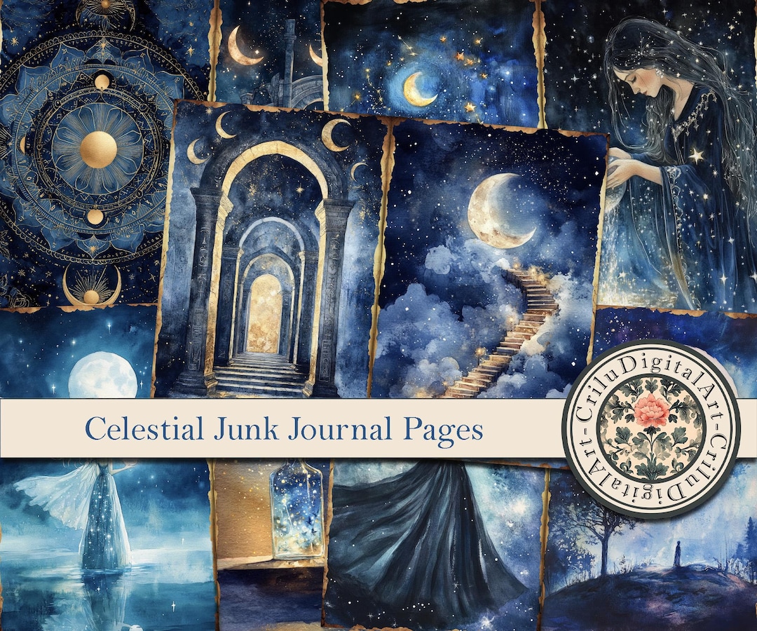 Celestial Junk Journal Pages Watercolor Moon Starry Sky Fantasy Art ...