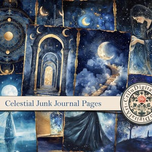 Celestial Junk Journal Pages Watercolor Moon Starry Sky Fantasy Art Mystical Astrology Night Sky Printable Digital Kit