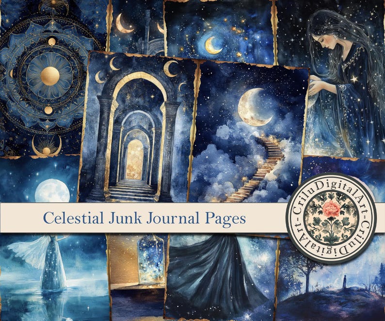 Celestial Junk Journal Pages Watercolor Moon Starry Sky Fantasy Art ...