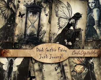 Dark Gothic Fairy Junk Journal Pages, Grunge Fantasy Digital Paper, Enchanted Shadowy Fairy Wings Art Printable, Mystical Scrapbook Kit