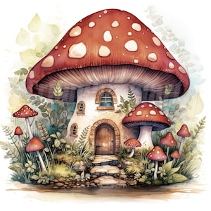 Aquarelle champignon maison, journal indésirable Toadstool House Clipart, fabrication de cartes, 10 fichiers JPG de haute qualité