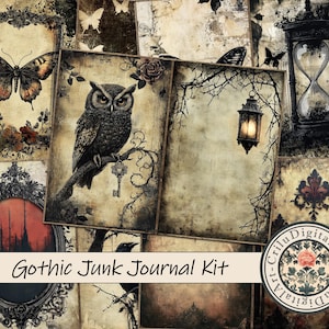 Könnte beinhalten: Eine Collage von Illustrationen im Vintage-Stil mit einem gotischen Thema. Die Bilder zeigen eine Eule auf einem Ast, einen Schmetterling, eine Sanduhr und eine Laterne. Der Text "Gothic Junk Journal Kit" ist unten zu sehen.