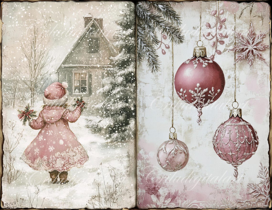 Pink Christmas Junk Journal Pages, Digital Scrapbook Paper Kit, Winter ...