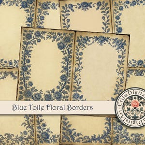 Cornice con bordi floreali in stile vintage Toile de Jouy, carta da decoupage blu francese, kit digitali vittoriani, inserto in stile rococò chinoiserie