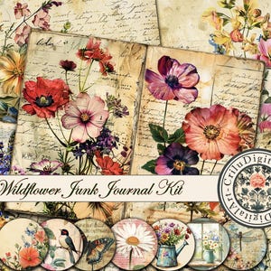 Kit per diario di scarto / Inserto di fiori selvatici / Carta floreale stampabile / Kit per album di ritagli floreali / Effimere digitali / Fogli per collage / Artigianato