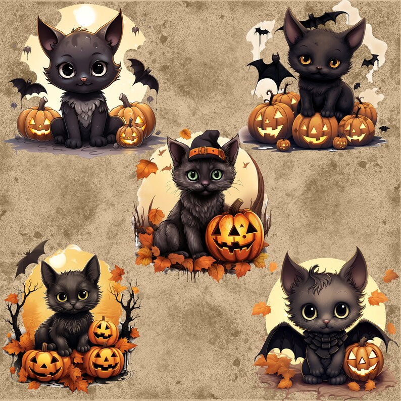 May include: A collection of five cartoon illustrations featuring black cats and jack-o'-lanterns. The cats have large eyes and are surrounded by bats and autumn leaves. Each cat is posed differently, with some wearing witch hats or bat wings, creating a Halloween theme.