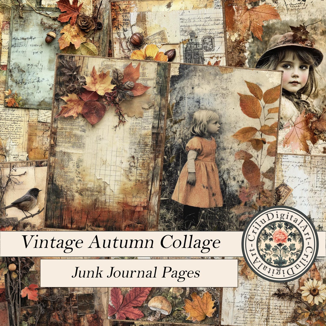 Autumn Junk Journal Pages Printable Kit, Grunge Texture Leaves Ephemera ...