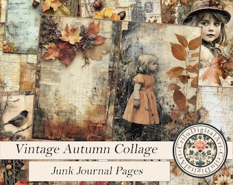 Vintage Autumn Junk Journal Pages, Grunge Botanical Collage Kit (Digital Download)