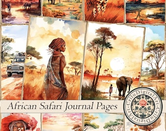 African Safari Junk Journal Kit Printable, Travel Ephemera Pages, Savanna Scrapbook Paper Pack, Watercolor Collage Download