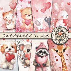 Illustrazioni di simpatici animali innamorati, 28 stampe digitali, arte animale a tema cuore da 6 x 9 pollici per creazioni artigianali, adorabili biglietti d'amore da scaricare immediatamente