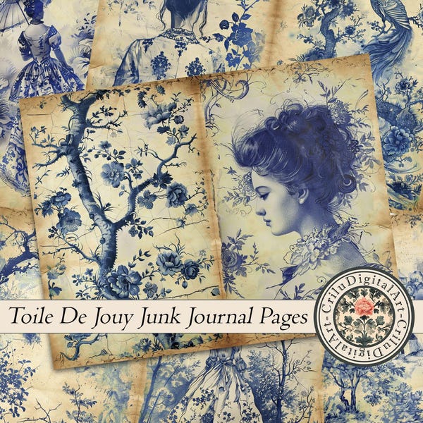 Folio de diario basura vintage Toile De Jouy, inserto de diario Toile francés, kits digitales victorianos, papeles de álbum de recortes Toile azul, kit de collage efímero