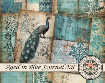 May include: Aged in Blue Journal Kit. A collage of vintage-style papers in shades of teal, brown, and cream. Features a peacock illustration, floral patterns, and the text "Aged in Blue Journal Kit."