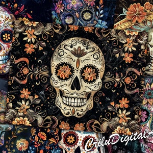 Dia De Los Muertos Digitales Junk Journal Papier, Sugar Skull Journal Insert, Mexikanischer Tag der Toten Art, Halloween Scrapbook Papier, Collage Sheet