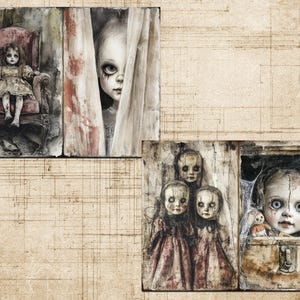 May include: Watercolour artwork depicting antique dolls with eerie expressions. One doll sits in a red armchair, while another peeps from behind a curtain. Other dolls are grouped, and one is in a trunk.