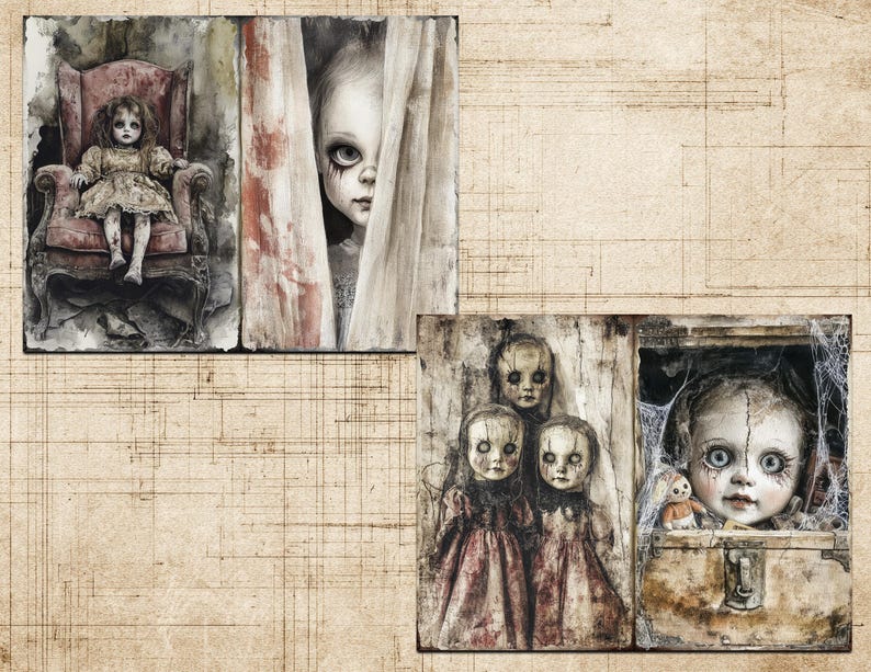 May include: Watercolour artwork depicting antique dolls with eerie expressions. One doll sits in a red armchair, while another peeps from behind a curtain. Other dolls are grouped, and one is in a trunk.