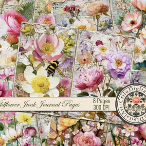 Kit Diário de Junk | Diário de Junk com Flores Silvestres | Papel para Flores Imprimível | Kit para Scrapbook Floral | Encarte para Diário Digital | Folhas de Colagem