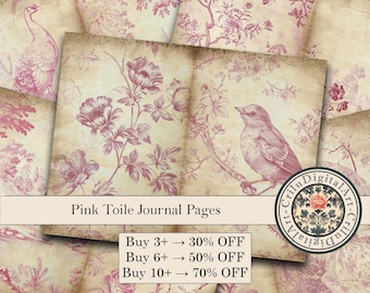 Victorian Pink Toile Junk Journal Pages, Vintage French Digital Paper Kit Download
