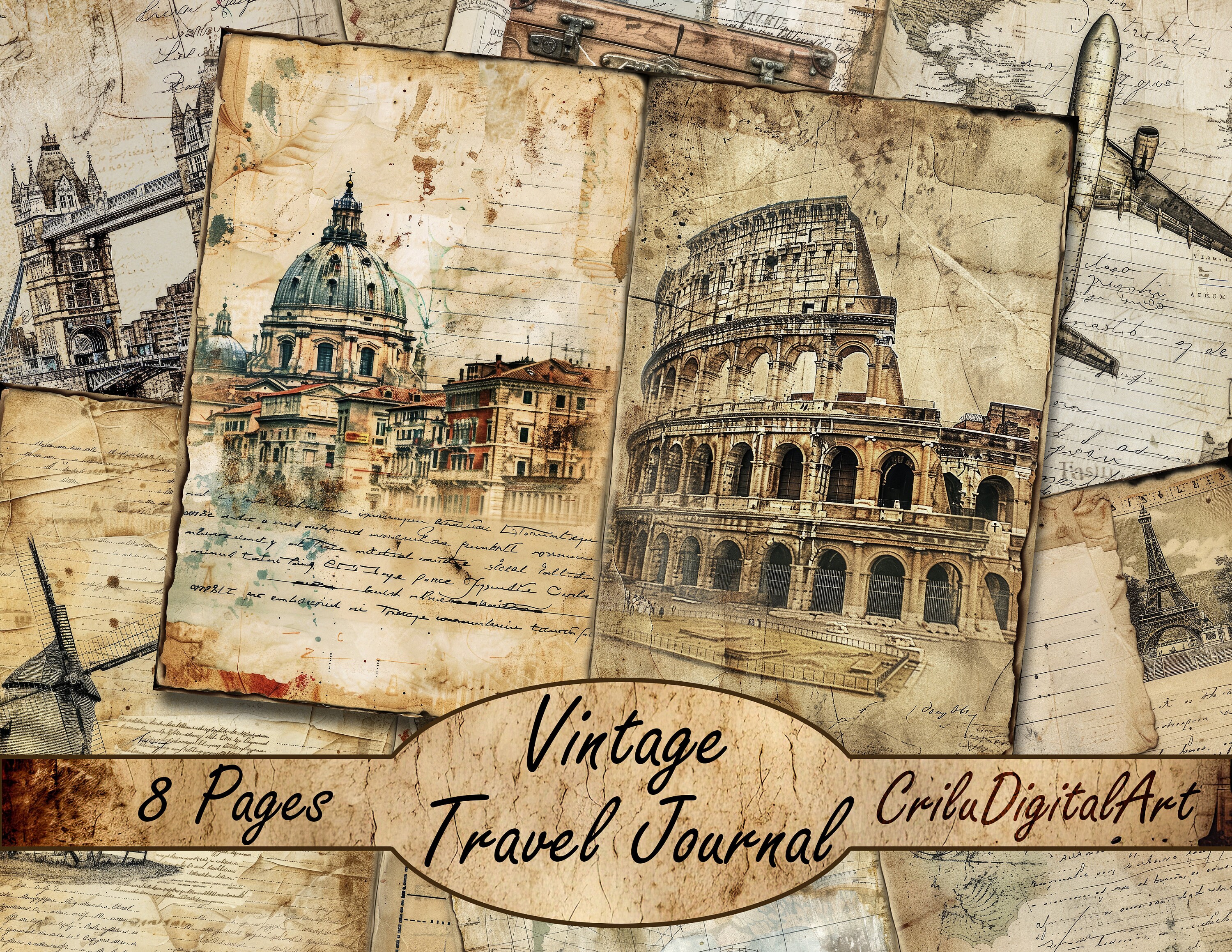 Vintage Travel Junk Journal Pages,Travelers Notebook Journal Insert,Antique Digital Journal,Aged Scrapbook Papers Kit Collage Sheet