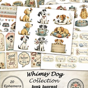 May include: A collection of digital ephemera sheets featuring illustrations of various dogs, including puppies sitting, playing, and sleeping. The set includes decorative tags, labels with text like 'good dog day' and 'Kind Heart', and dog-themed accessories.