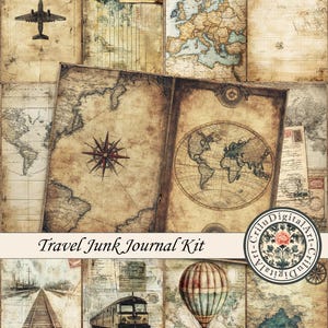 Könnte beinhalten: Eine Collage von Ephemera zum Thema Reisen im Vintage-Stil. Das Bild zeigt antike Karten, eine Windrose, ein Flugzeug, einen Heißluftballon und einen Zug. Der Text "Travel Junk Journal Kit" wird angezeigt.