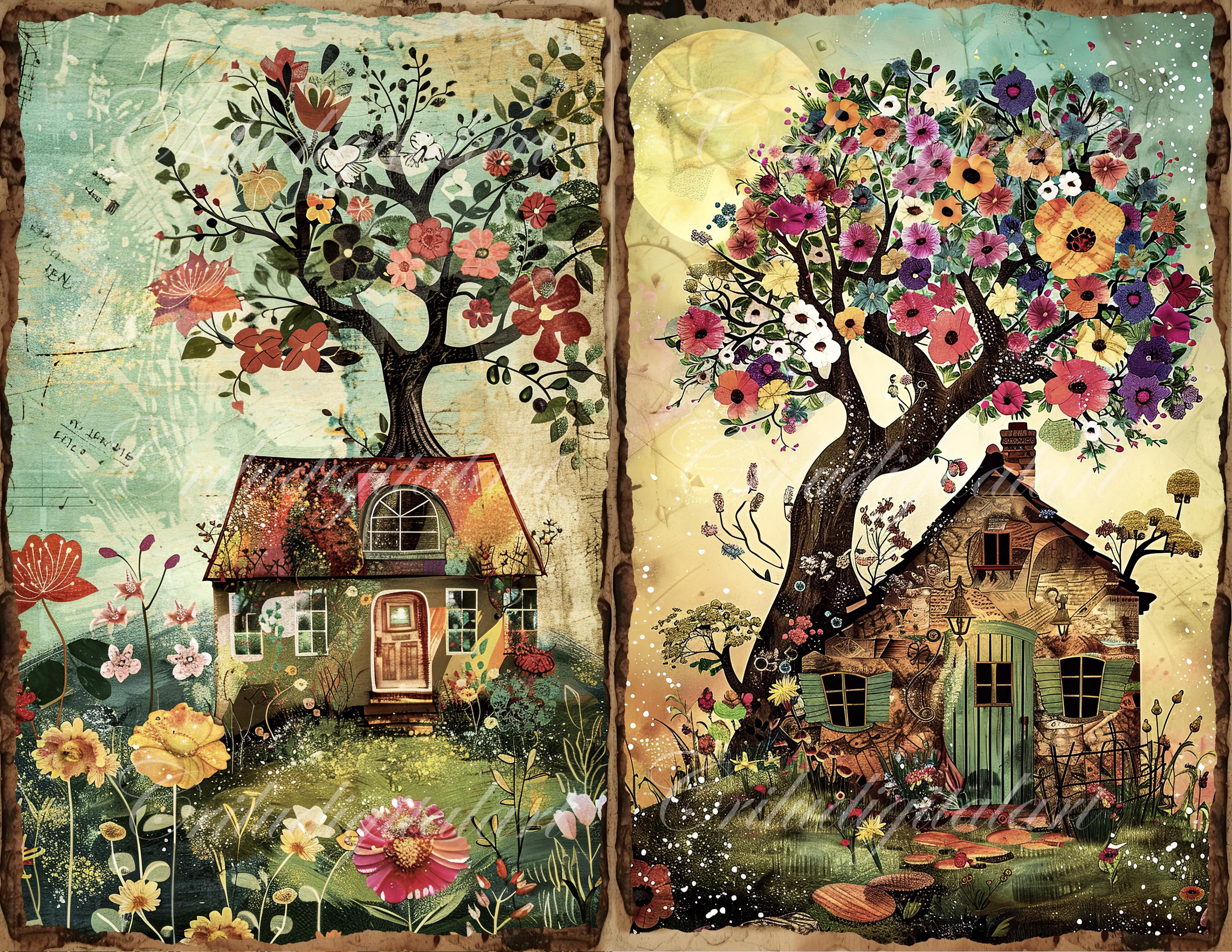 Whimsical Cottage Junk Journal Pages - Floral Houses, Trees, and ...