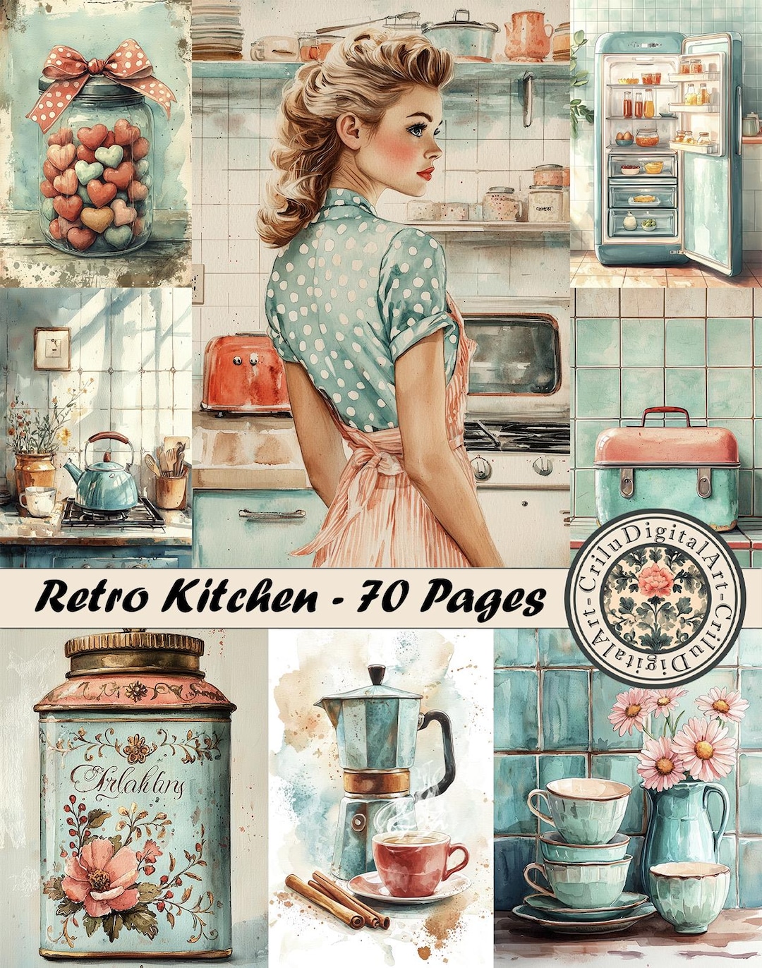 kitchen wall art set retro pie vintage printable... Retro Kitchen Recipe Journal Printable Pages, Vintage Cooking Digital ...