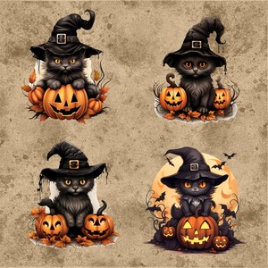 May include: Four Halloween-themed illustrations featuring black cats wearing witch hats and sitting with carved pumpkins. The cats have yellow eyes and are surrounded by autumn leaves. The background is a textured, tan color.