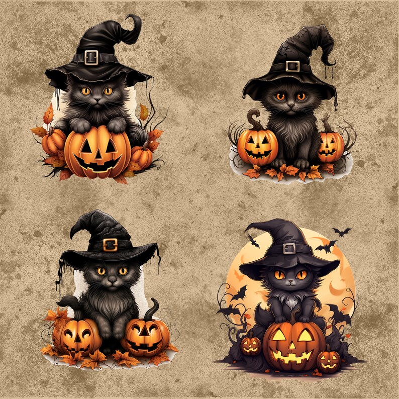 May include: Four Halloween-themed illustrations featuring black cats wearing witch hats and sitting with carved pumpkins. The cats have yellow eyes and are surrounded by autumn leaves. The background is a textured, tan color.