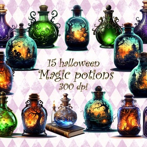 Potion bottles for witch journal, apothecary bottles png halloween decor printable, commercial use