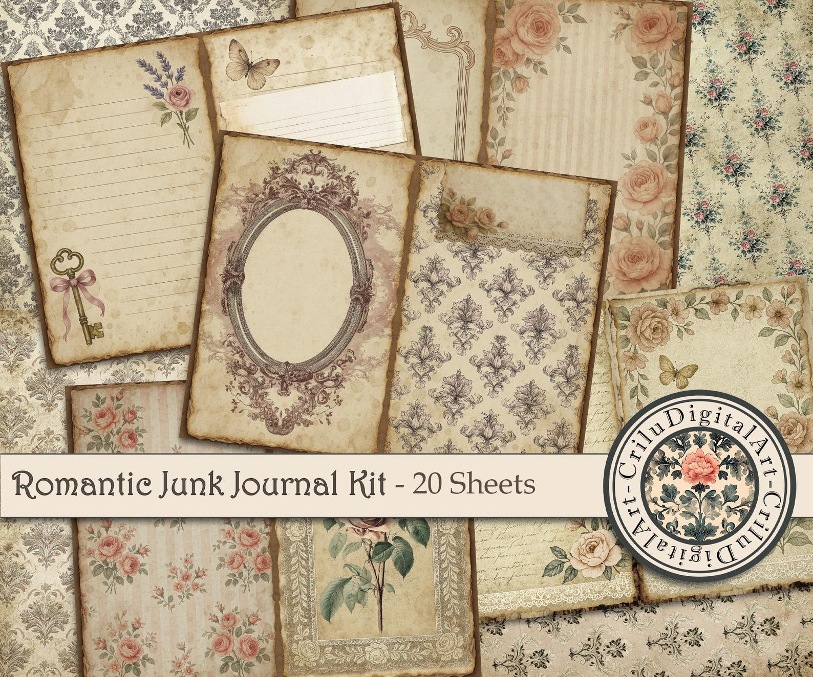 Romantic Junk Journal Kit, Shabby Chic Digital Paper, Vintage Floral ...