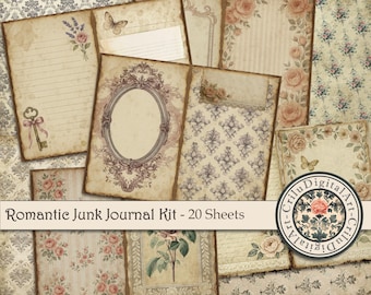 May include: A digital junk journal kit with 20 sheets featuring vintage floral patterns, ornate frames, and textured backgrounds. The kit includes a variety of designs, including a key with a ribbon, a butterfly, and a floral wreath. The text "Romantic Junk Journal Kit - 20 Sheets" is displayed at the bottom of the image.