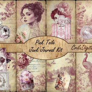 Kit diario vintage Toile De Jouy Junk, inserto per diario French Toile, tasca Shabby Chic, segnalibri stampabili, etichetta, carta per scrapbooking Toile rosa