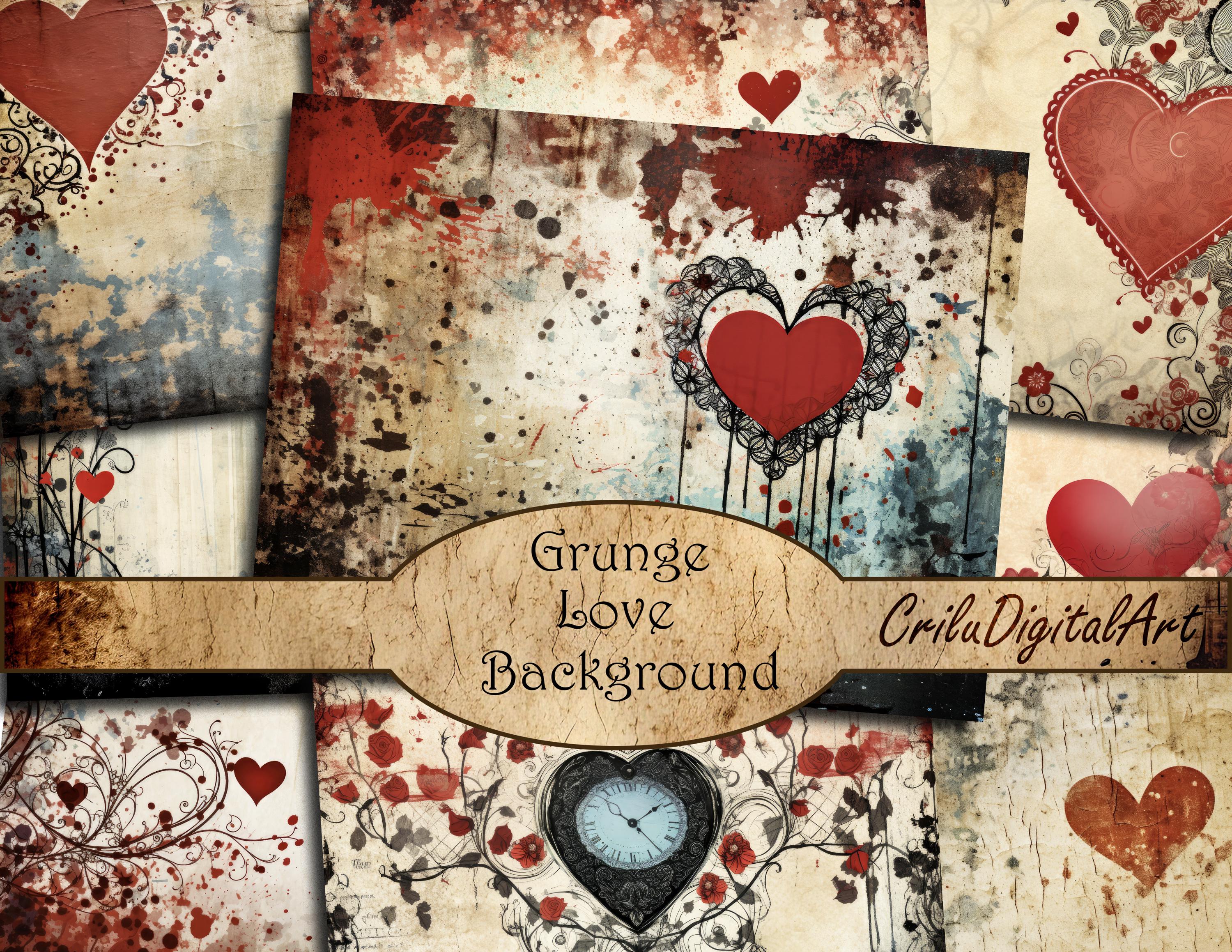 Printable Grunge Love Backgrounds – Digital Heart Art for Junk Journals, Scrapbooking, Card Making and Mixed Media Projects