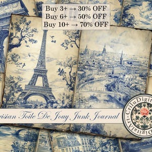 Vintage Toile De Jouy Junk Journal stampabile, inserto del diario d'arte parigina, download digitali di Parigi, documenti Toile Scrapbook