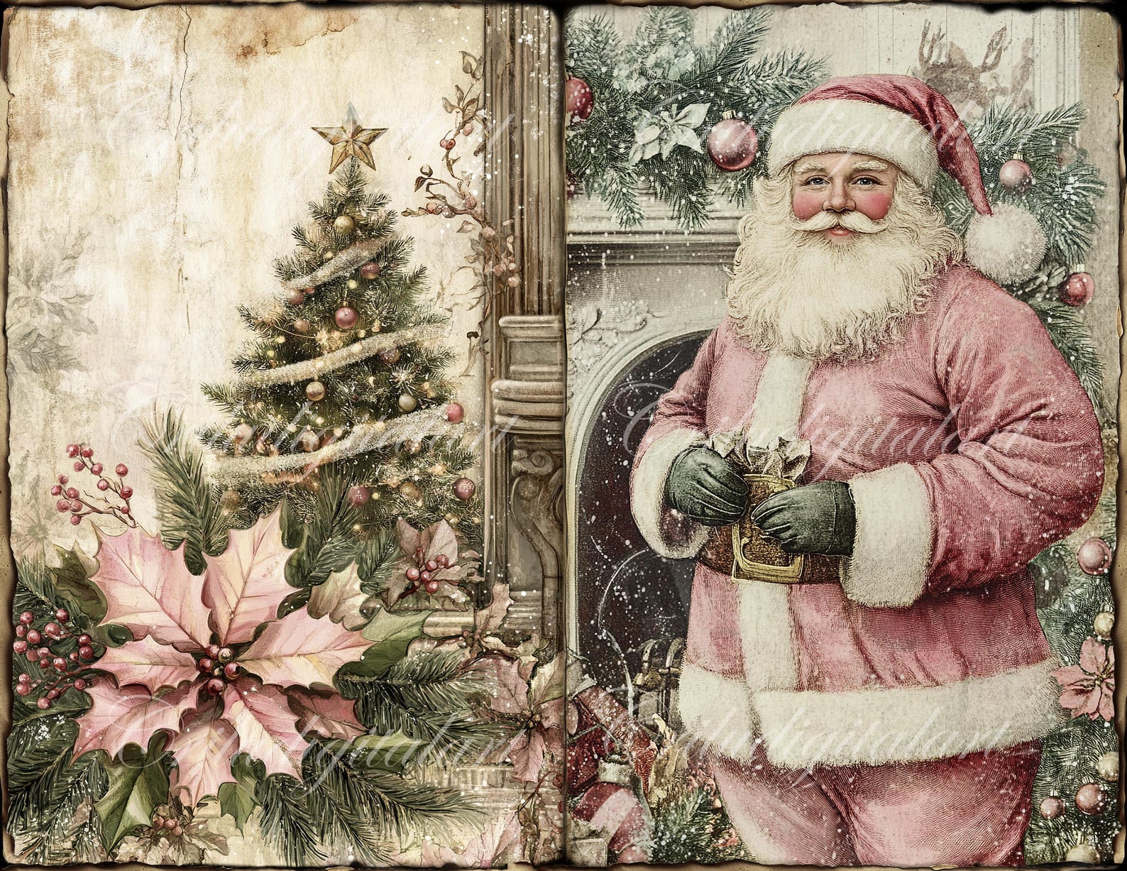 Pink Christmas Junk Journal Pages, Digital Scrapbook Paper Kit, Winter ...