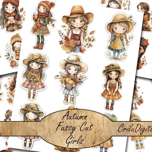 Autumn Fussy Cut Cute Girls | Printable Junk Journal Stickers | Fall Scrapbook Pages | Instant Download