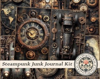 Kit per diario Steampunk Junk, sfondi per album di ritagli industriali digitali stampabili per artigianato vintage, fogli di collage fantasy e pagine di effimere