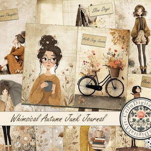 Whimsical Autumn Junk Journal Kit Printable Vintage Fall Ephemera Cottagecore Scrapbook Pages Cozy Girl Clipart Stationery Tags