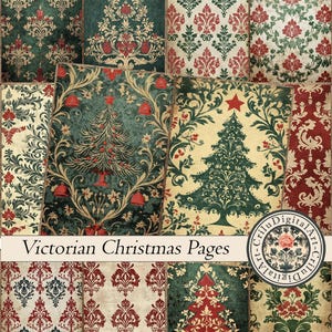 Pode incluir: Uma coleção de páginas de Natal vitorianas com vários designs. As páginas apresentam ilustrações ornamentadas de árvores de Natal, padrões de damasco e motivos florais em tons de vermelho, verde e creme. O texto "Victorian Christmas Pages" é visível.