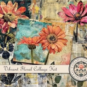 Diario floreale vivace, carta per collage con tecniche miste, kit stampabile con disegni botanici colorati, pacchetto di effimeri acquerelli per scrapbooking