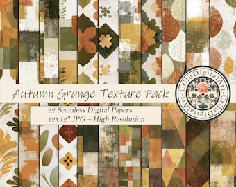 Fall Seamless Digital Paper – 12x12 Inch Autumn Scrapbook Backgrounds – Retro Orange Green Grunge Texture Pack