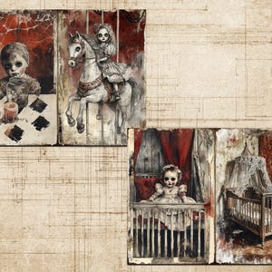 May include: A collage of vintage illustrations with a gothic theme, featuring dolls and a carousel horse. One image shows a doll at a table with candles, another a doll on a carousel horse, and a third a doll in a cot.