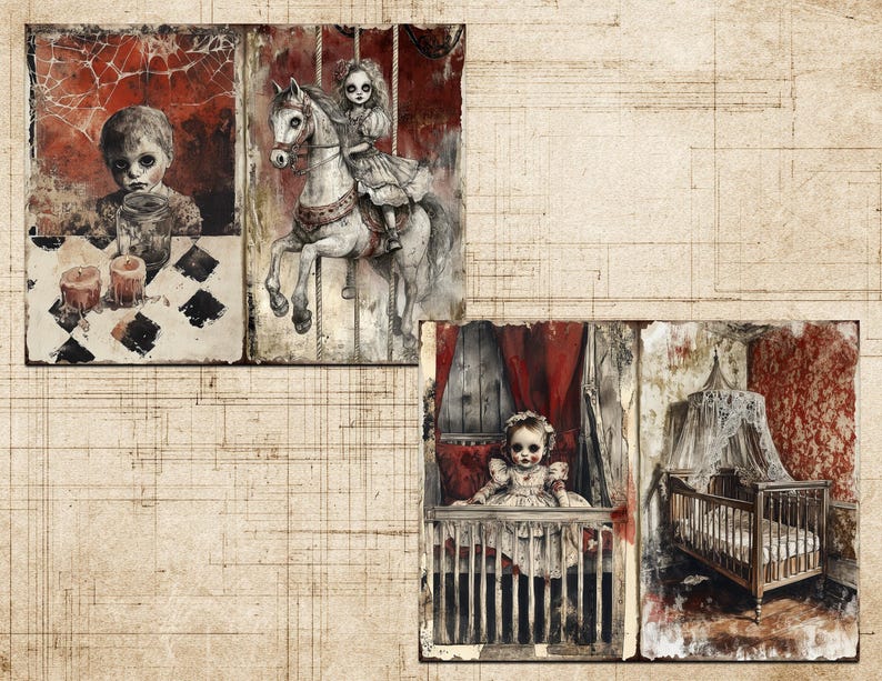May include: A collage of vintage illustrations with a gothic theme, featuring dolls and a carousel horse. One image shows a doll at a table with candles, another a doll on a carousel horse, and a third a doll in a cot.
