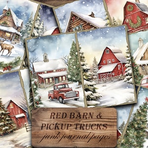Album dei ricordi di Natale vintage del camioncino rosso, fienile rosso per le pagine del diario rustico di Natale