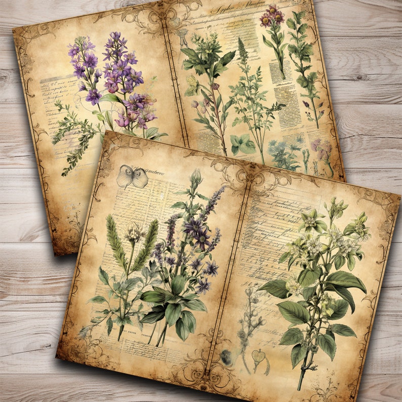 May include: An antique, open book with pages featuring vintage botanical illustrations of flowers and plants. The book has a worn, aged appearance with a brown, textured cover.